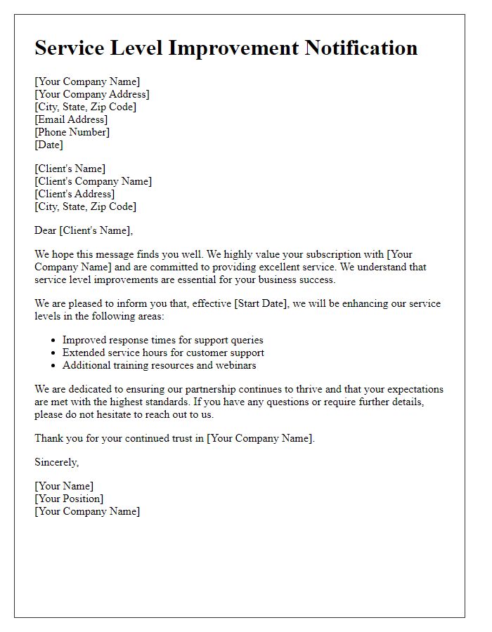 Letter template of service level improvement for subscription