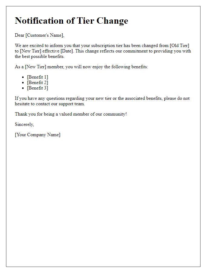 Letter template of tier change for subscription benefits