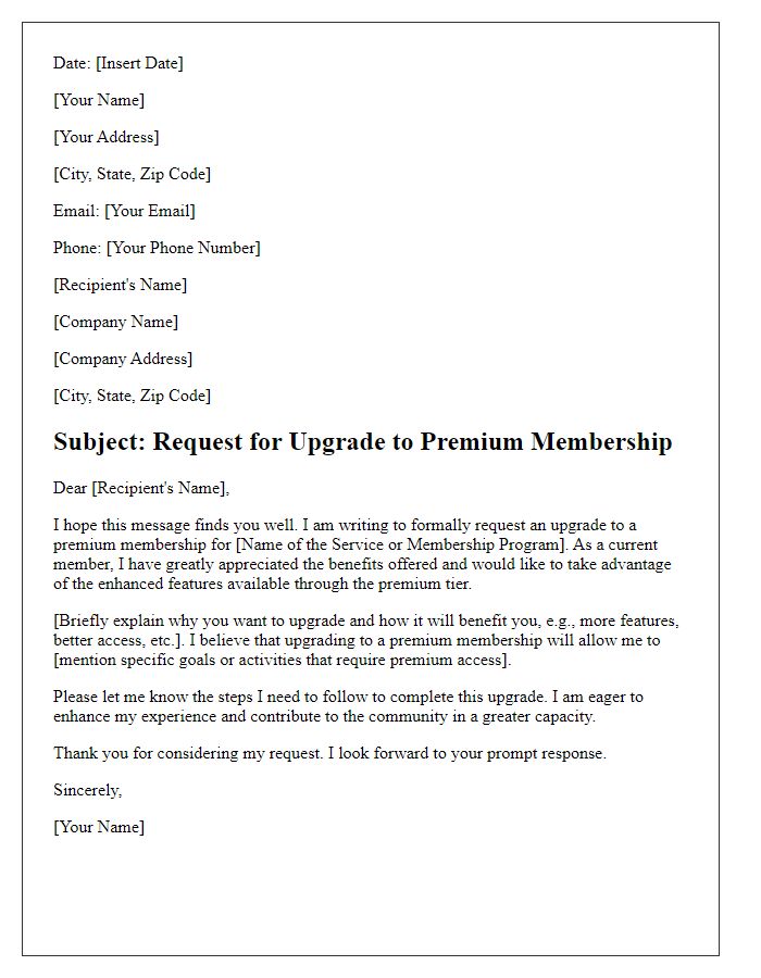 Letter template of upgrade request for premium membership