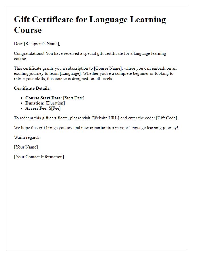 Letter template of subscription gift certificate for a language learning course