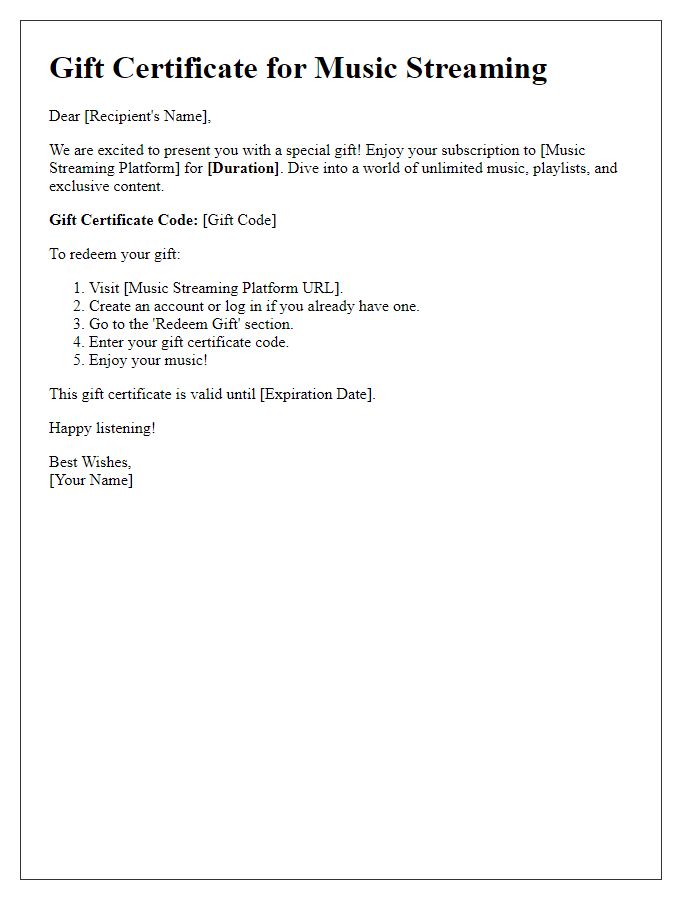 Letter template of subscription gift certificate for a music streaming platform