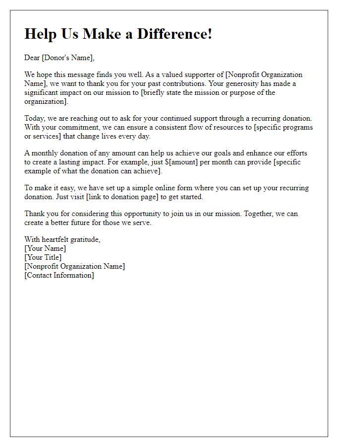 Letter template of nonprofit appeal for recurring donations