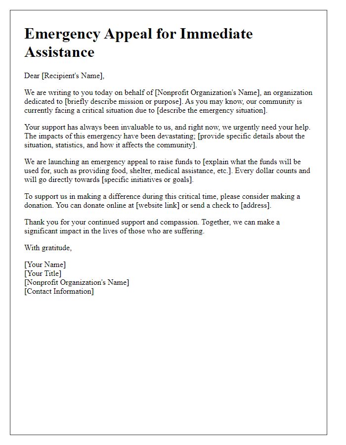 Letter template of nonprofit emergency appeal for immediate assistance