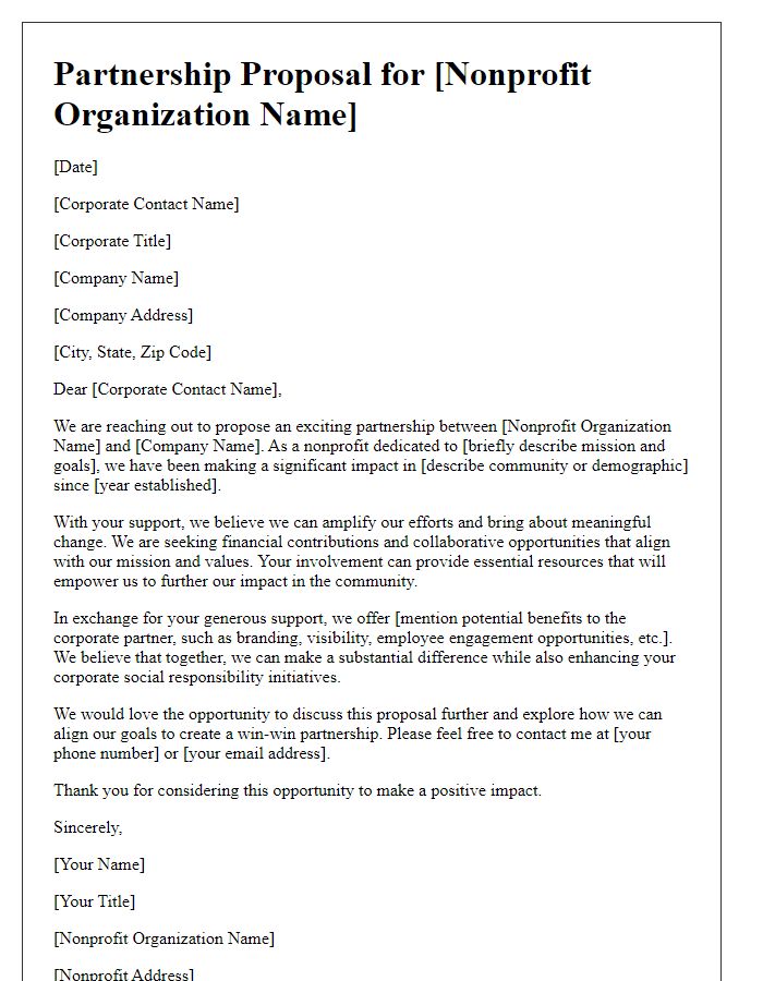 Letter template of nonprofit partnership proposal for corporate donations