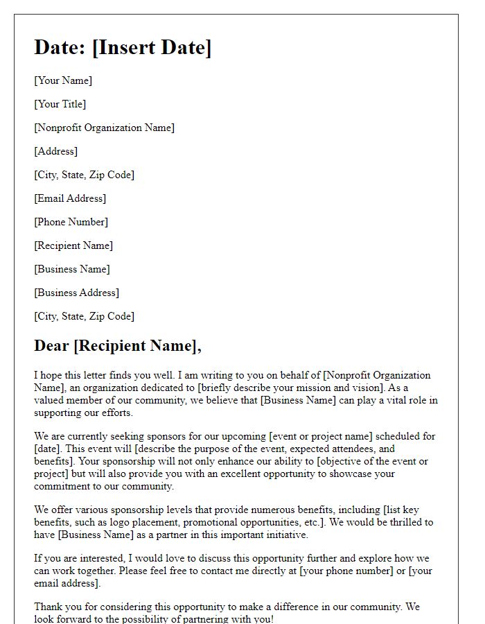 Letter template of nonprofit sponsorship solicitation for local business