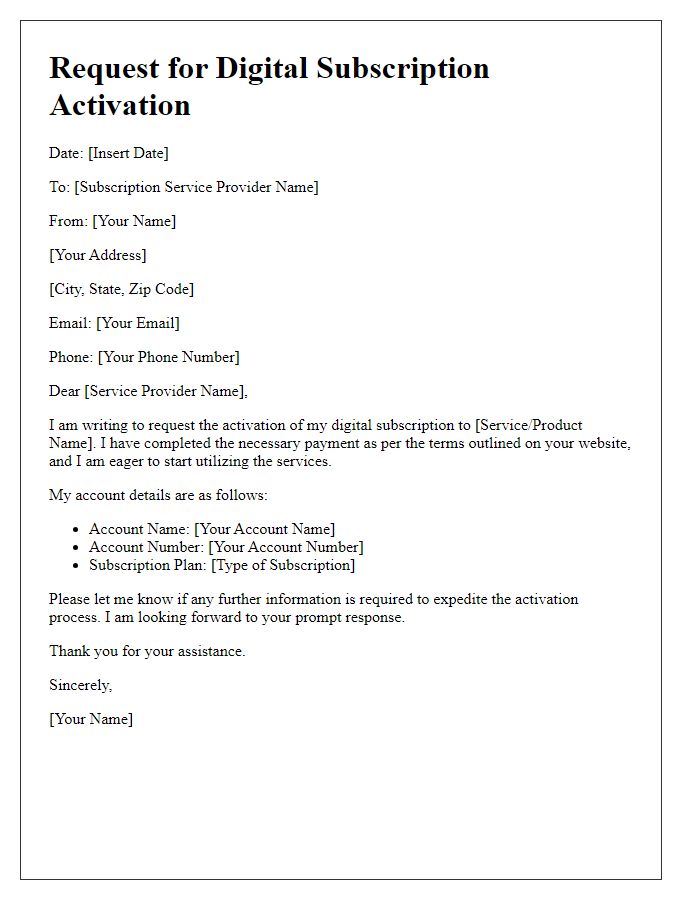 Letter template of digital subscription activation request