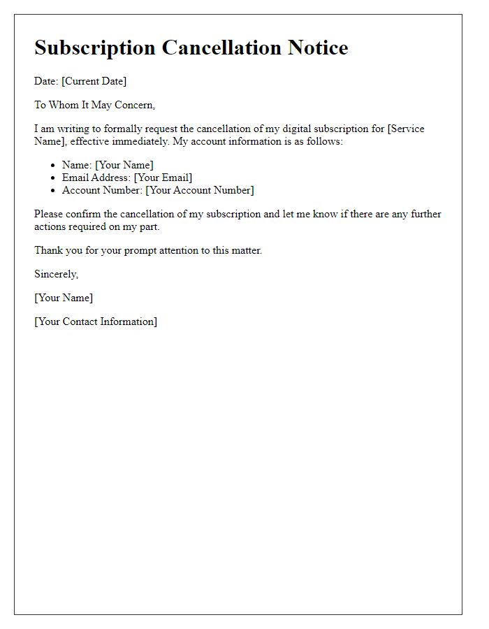 Letter template of digital subscription cancellation notice