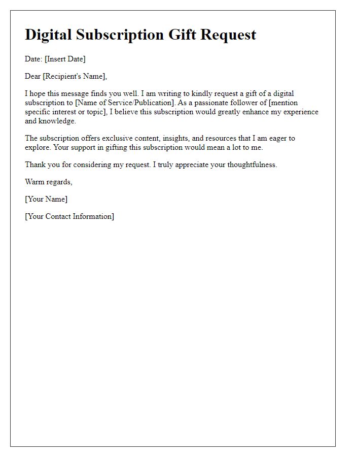 Letter template of digital subscription gift request