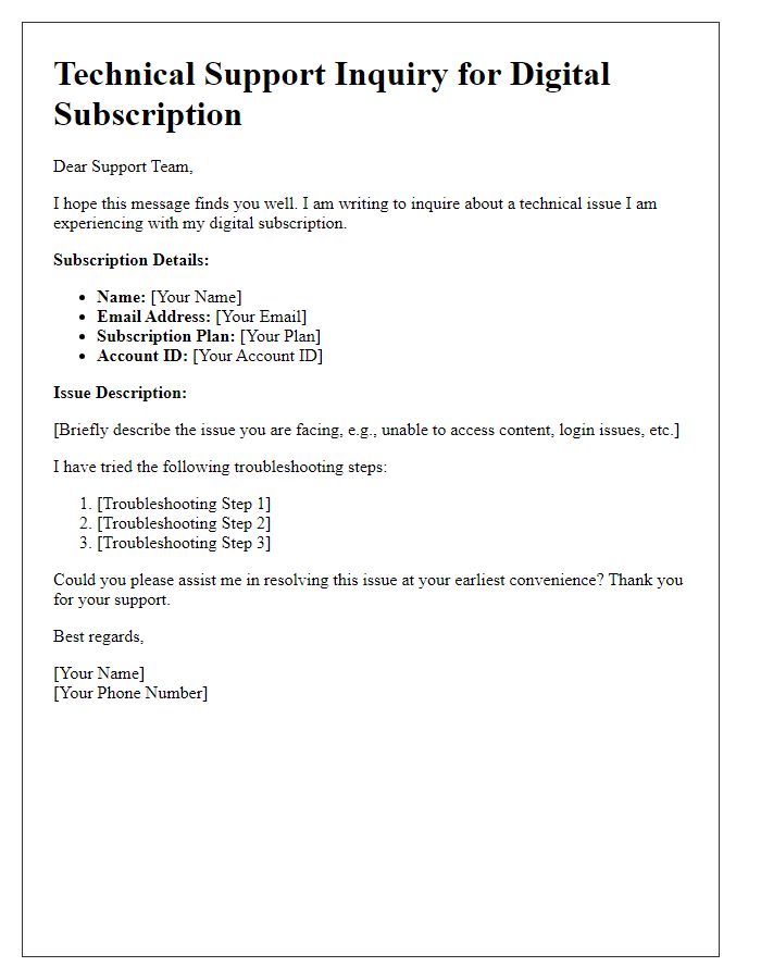 Letter template of digital subscription technical support inquiry