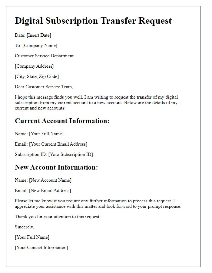 Letter template of digital subscription transfer request