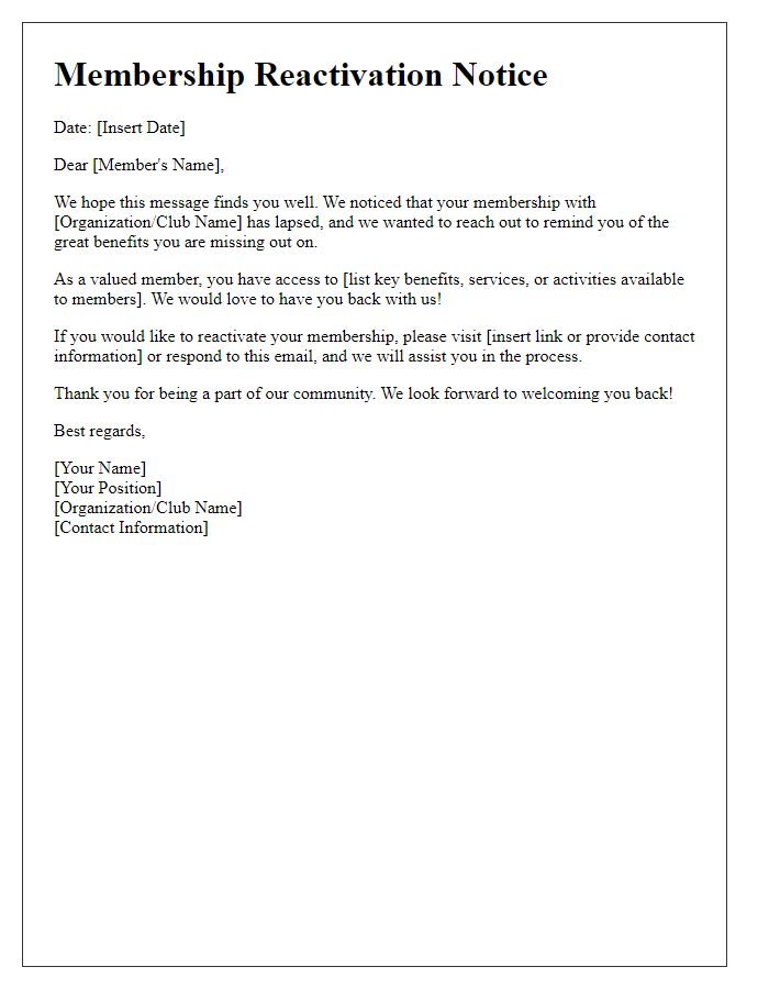 Letter template of membership reactivation notice.