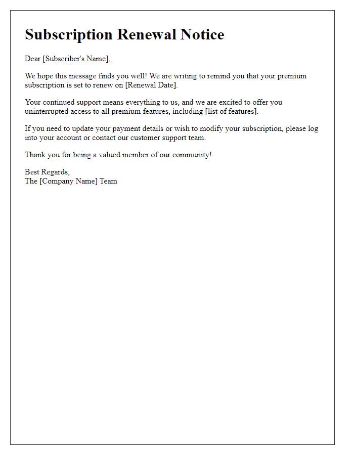 Letter template of premium subscription renewal.