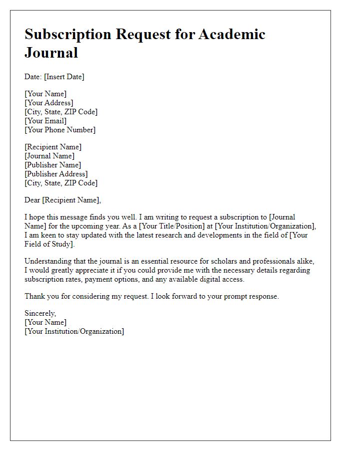 Letter template of academic journal subscription request