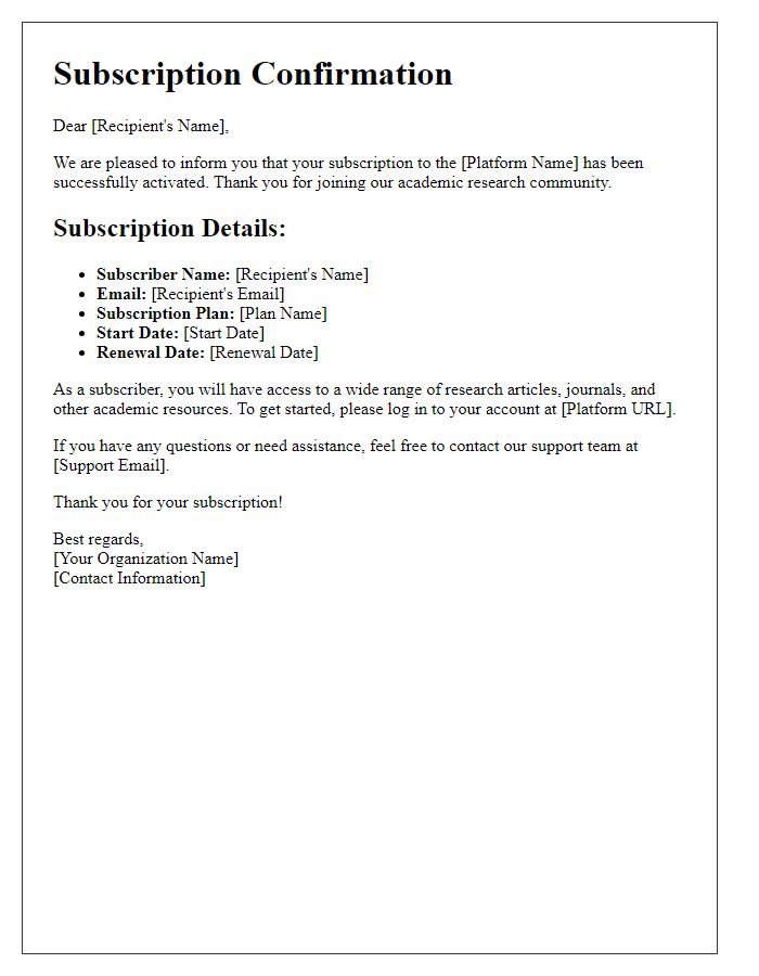 Letter template of academic research platform subscription