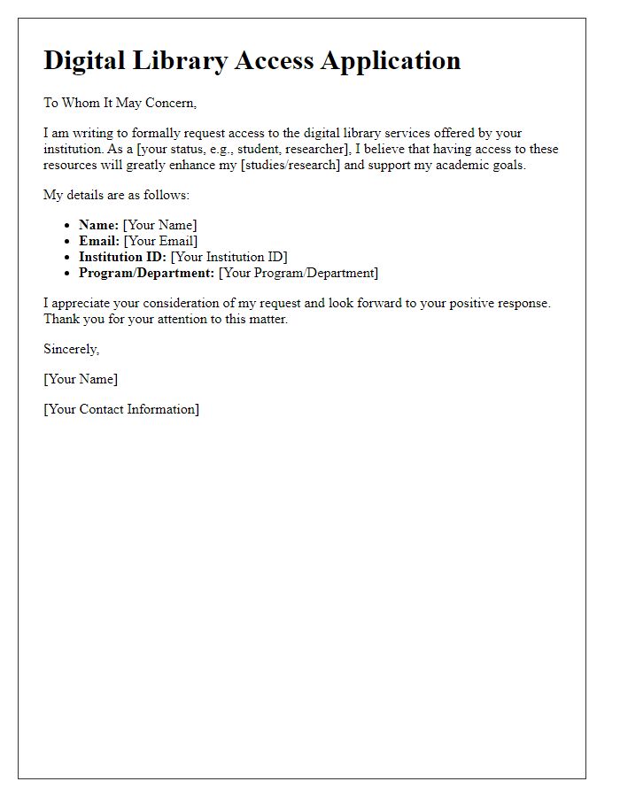 Letter template of digital library access application