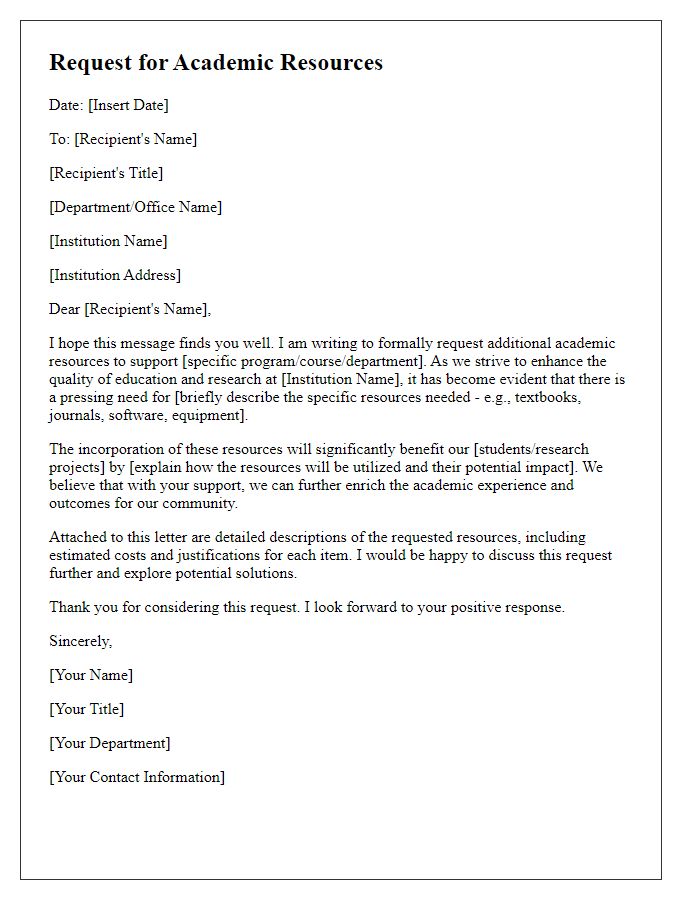 Letter template of institutional academic resource request