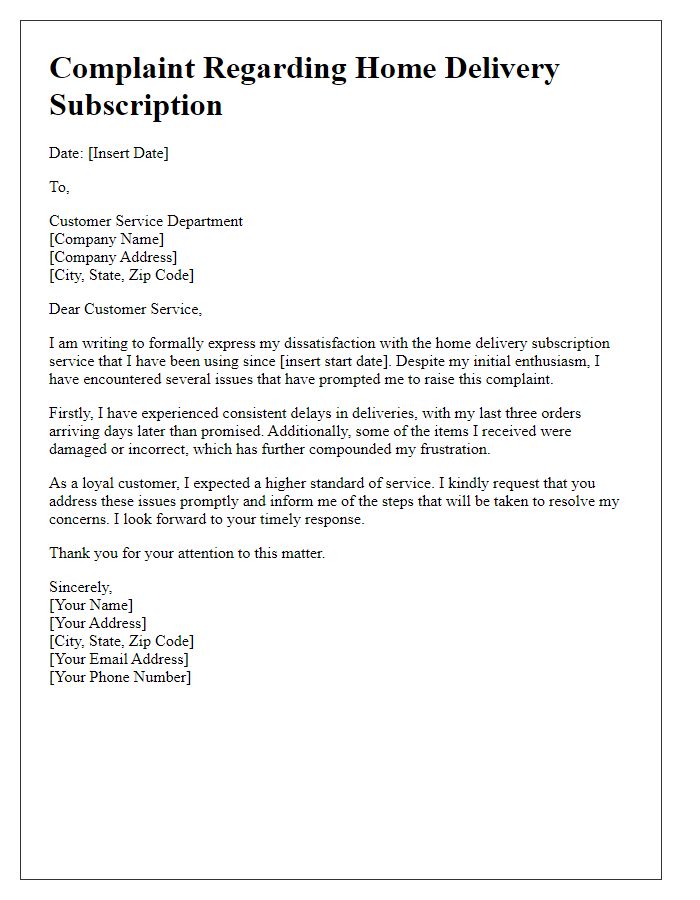 Letter template of home delivery subscription complaint