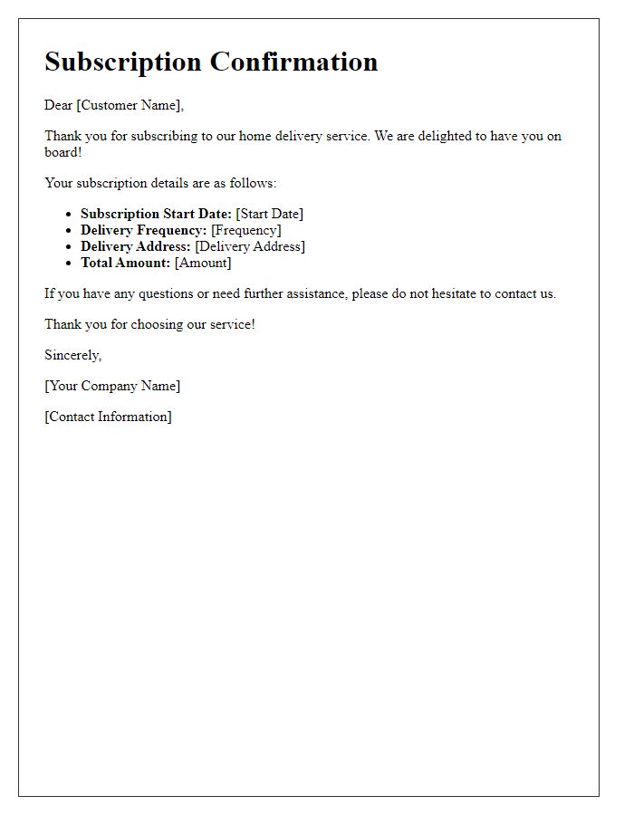 Letter template of home delivery subscription confirmation