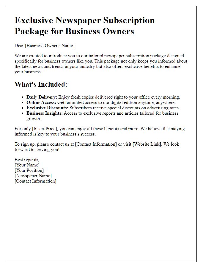 Letter template of bundled newspaper subscription package for business owners