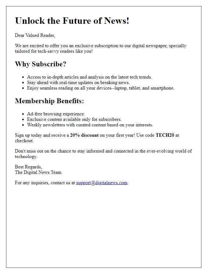 Letter template of digital newspaper subscription offer for tech-savvy users