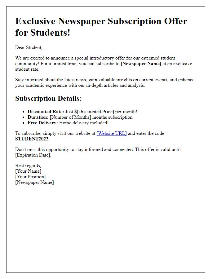 Letter template of introductory newspaper subscription offer for students