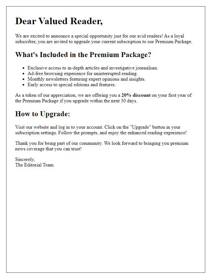 Letter template of premium newspaper subscription upgrade for avid readers