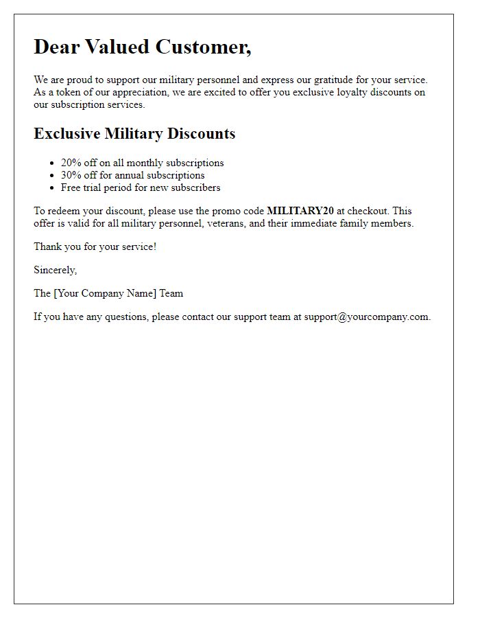 Letter template of subscription loyalty discounts for military personnel.