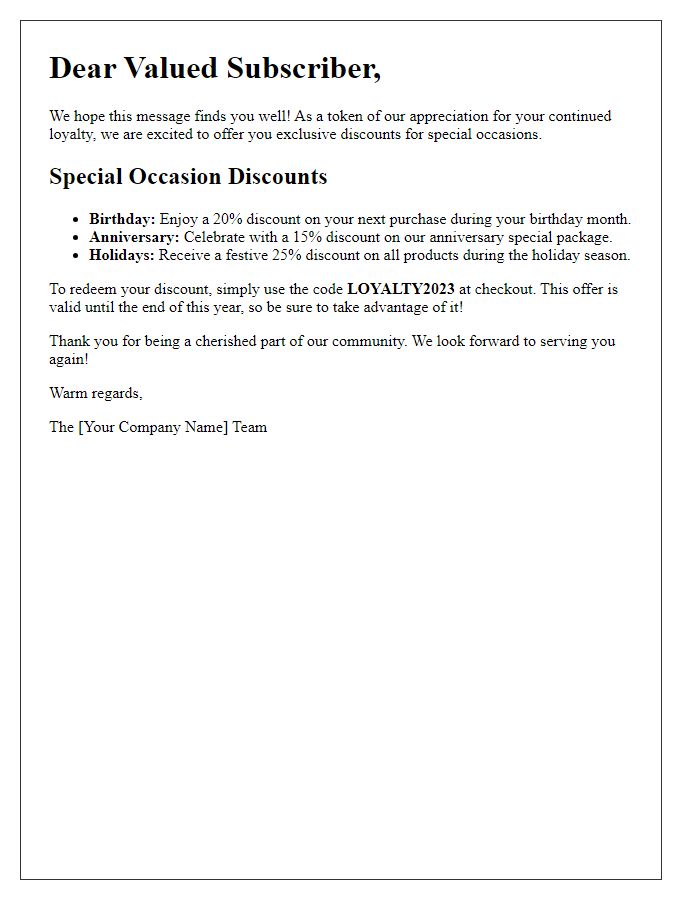 Letter template of subscription loyalty discounts for special occasions.