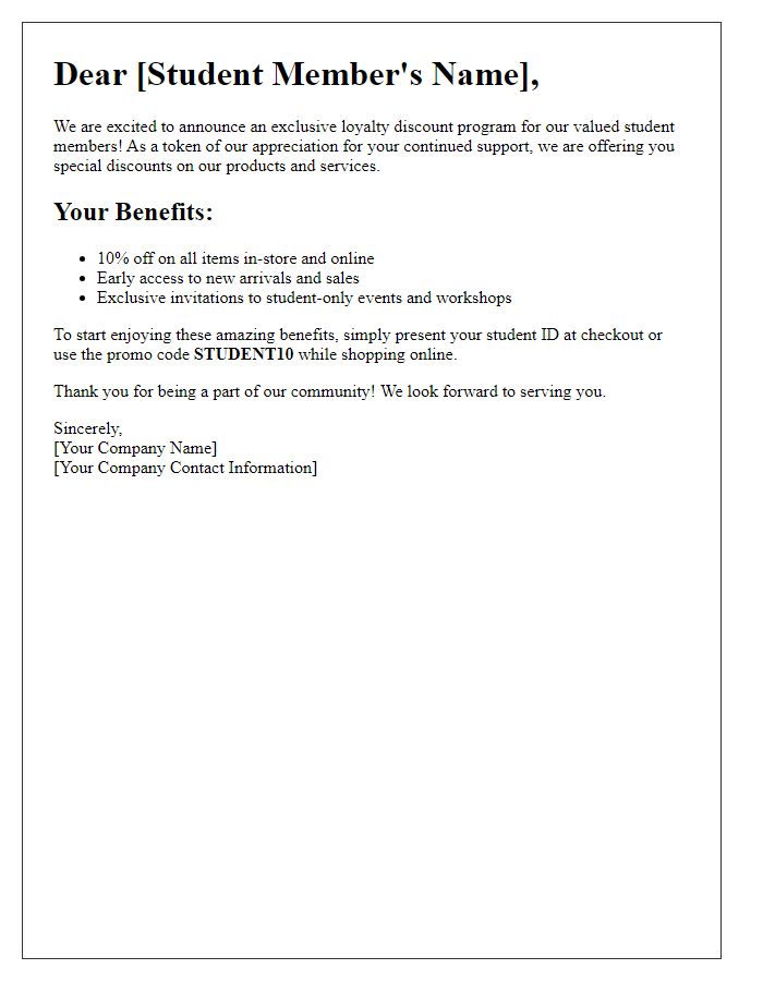 Letter template of subscription loyalty discounts for student members.