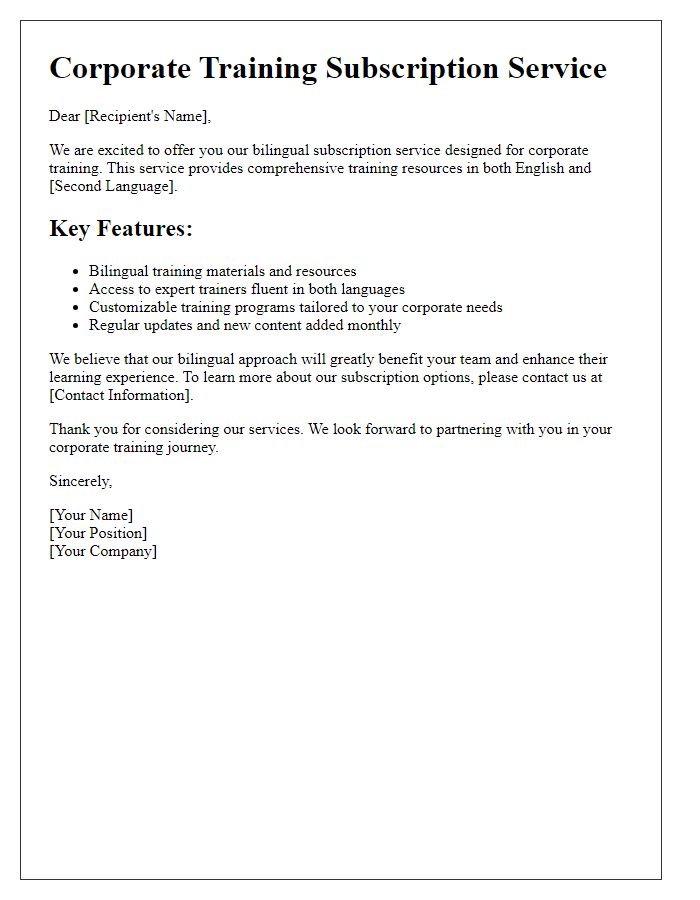 Letter template of bilingual subscription service for corporate training.