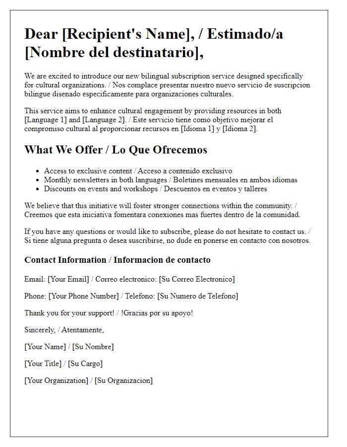 Letter template of bilingual subscription service for cultural organizations.