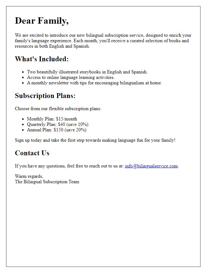 Letter template of bilingual subscription service for families.