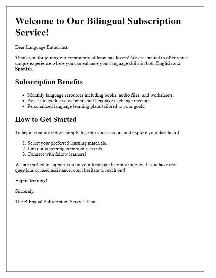 Letter template of bilingual subscription service for language enthusiasts.