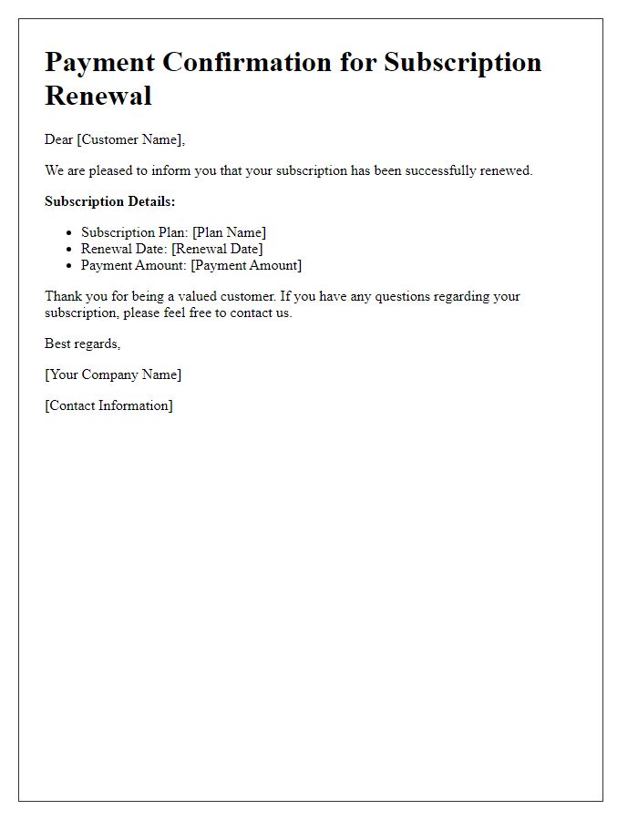 Letter template of payment confirmation for subscription renewal