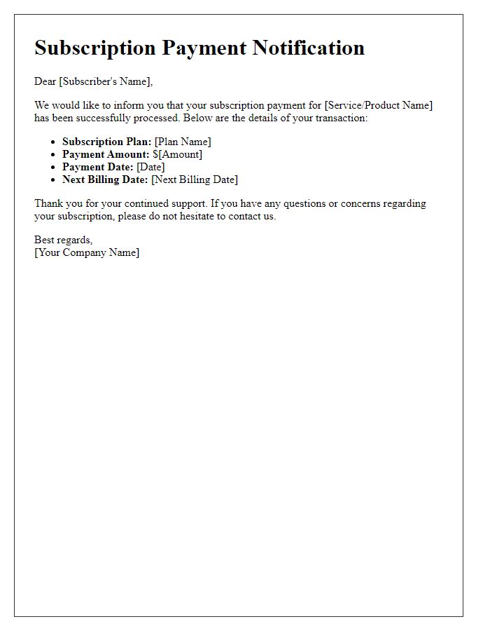 Letter template of subscription payment notification