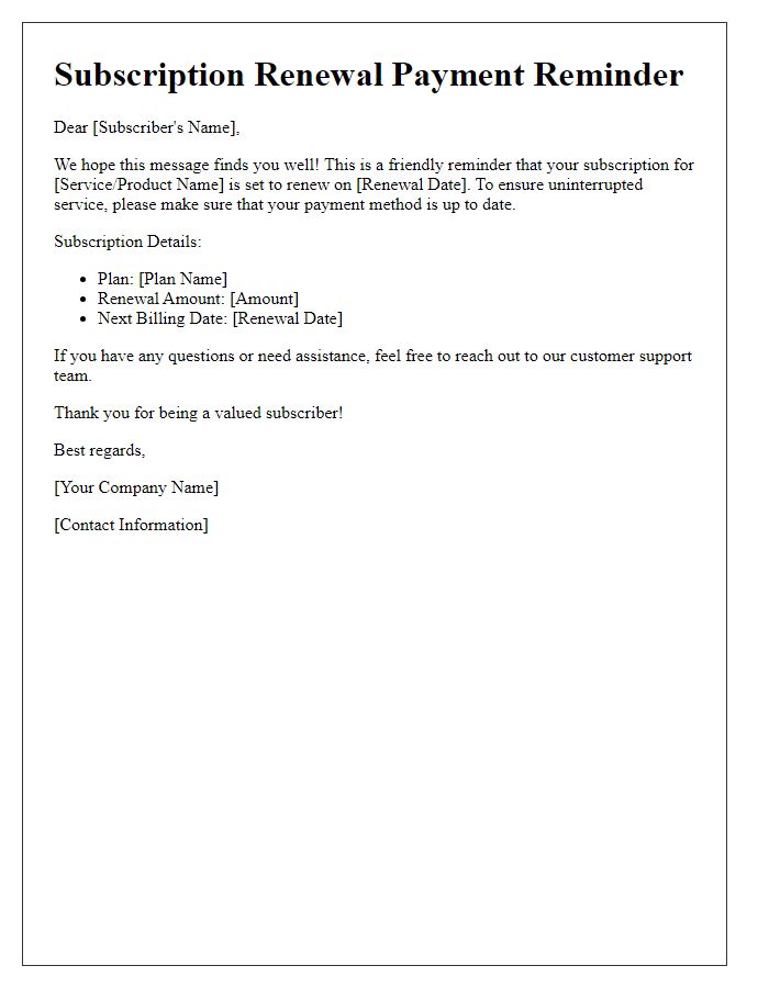 Letter template of subscription renewal payment reminder