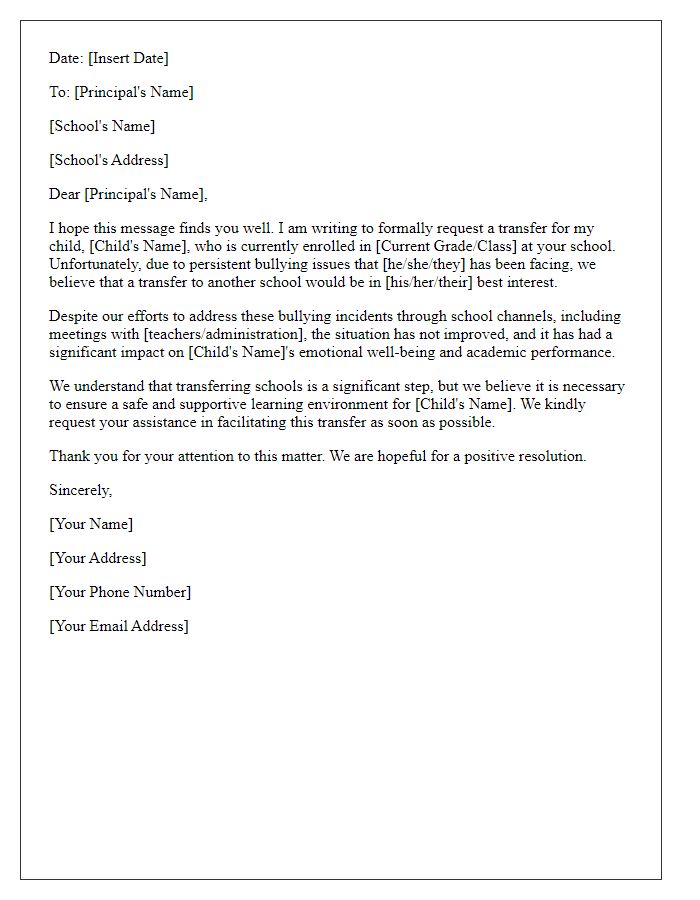 Letter template of request for school transfer due to bullying issues.