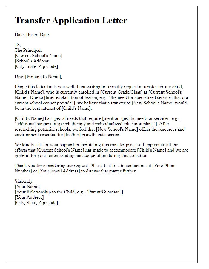 Letter template of transfer application for students with special needs.