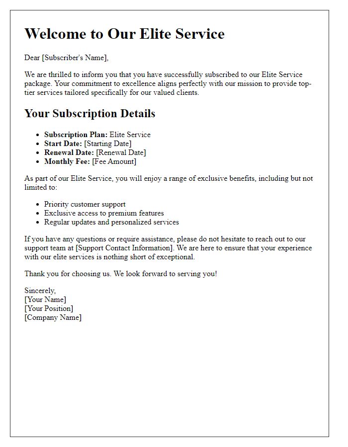 Letter template of elite service subscription