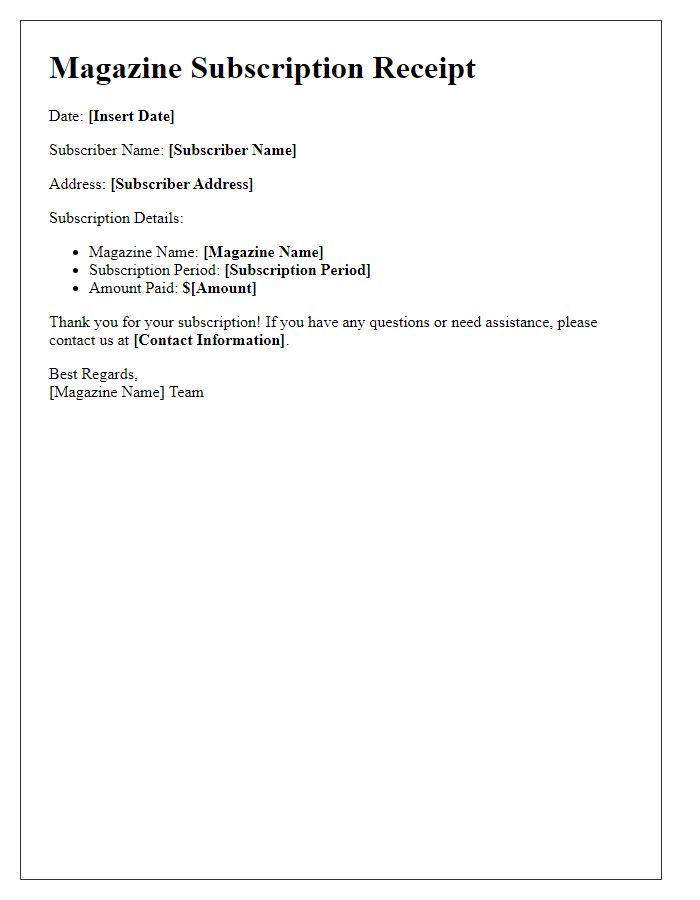 Letter template of magazine subscription receipt review