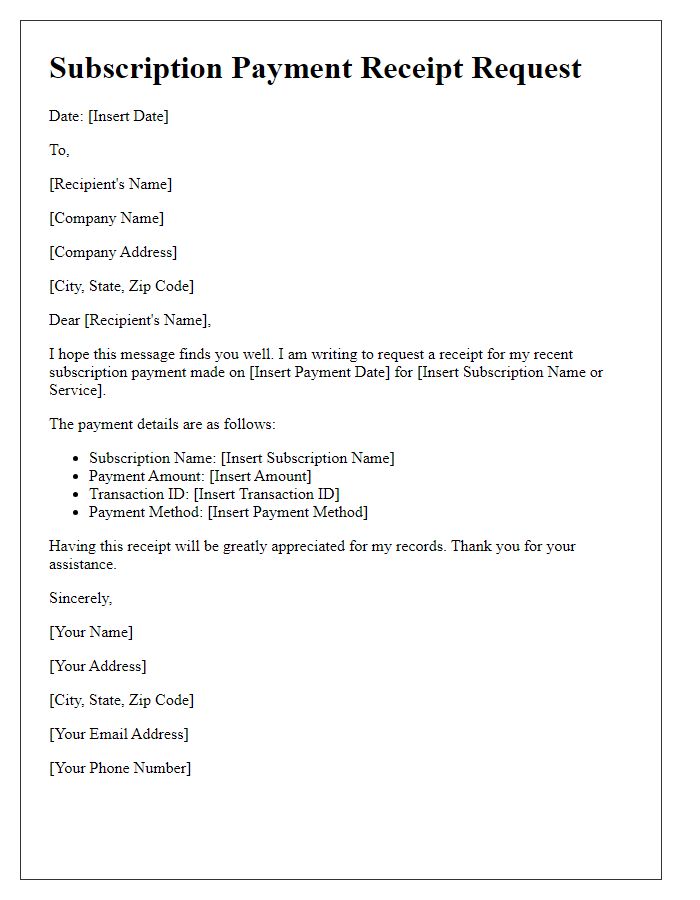 Letter template of subscription payment receipt request