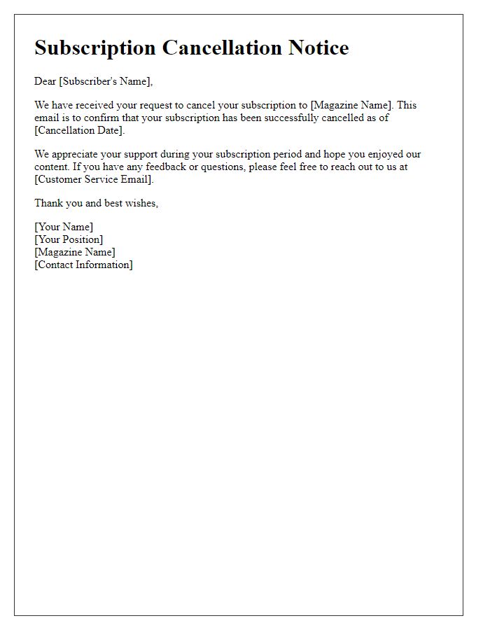 Letter template of digital magazine subscription cancellation notice