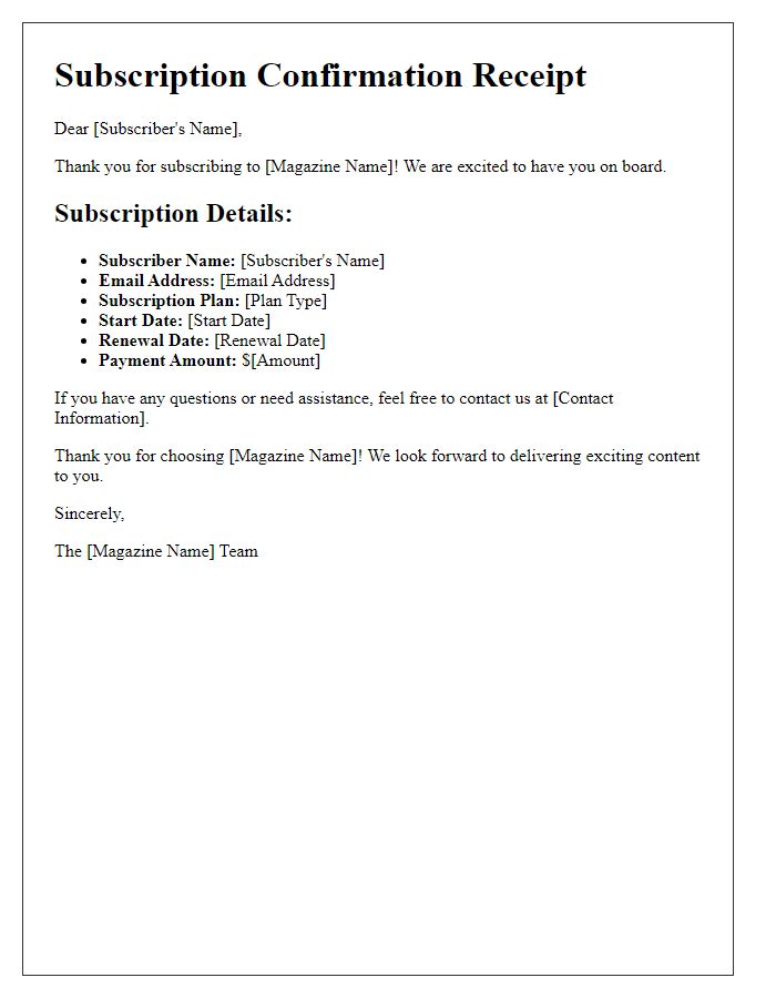 Letter template of digital magazine subscription confirmation receipt