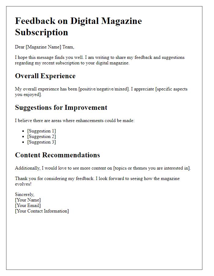 Letter template of digital magazine subscription feedback and suggestions