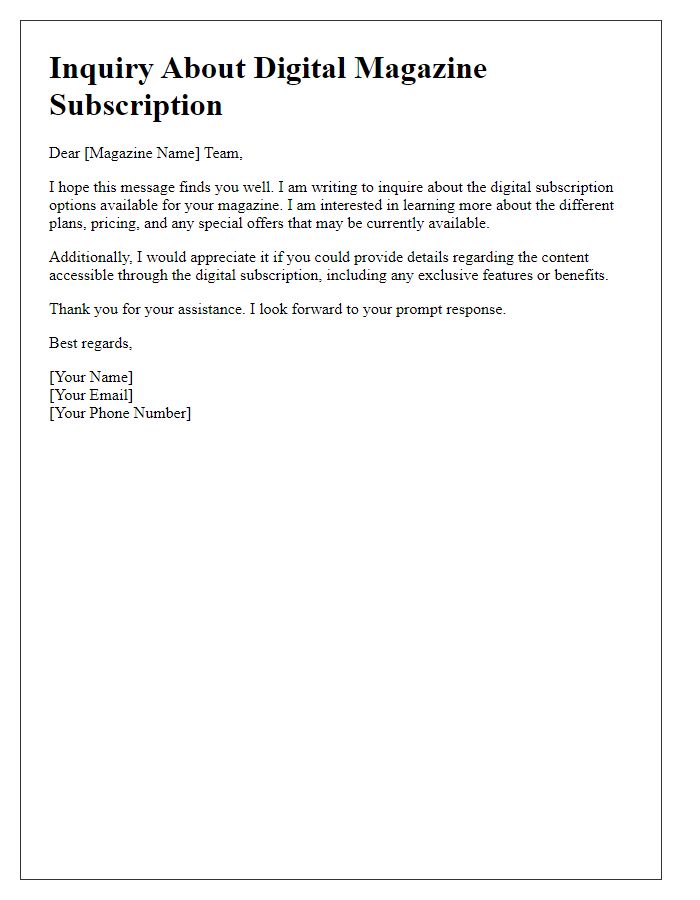 Letter template of digital magazine subscription inquiry