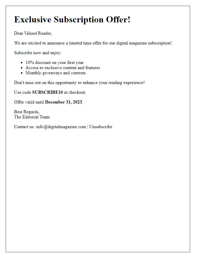 Letter template of digital magazine subscription promotional offer