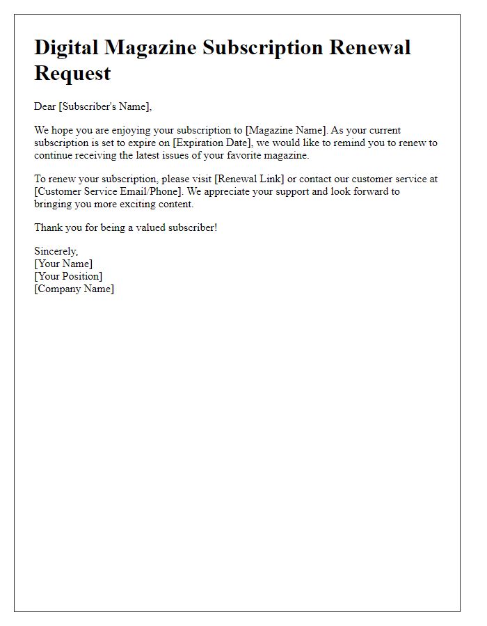 Letter template of digital magazine subscription renewal request