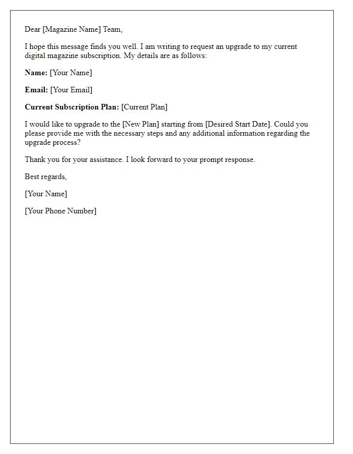 Letter template of digital magazine subscription upgrade request