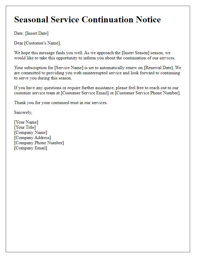 Letter template of seasonal service continuation notice.