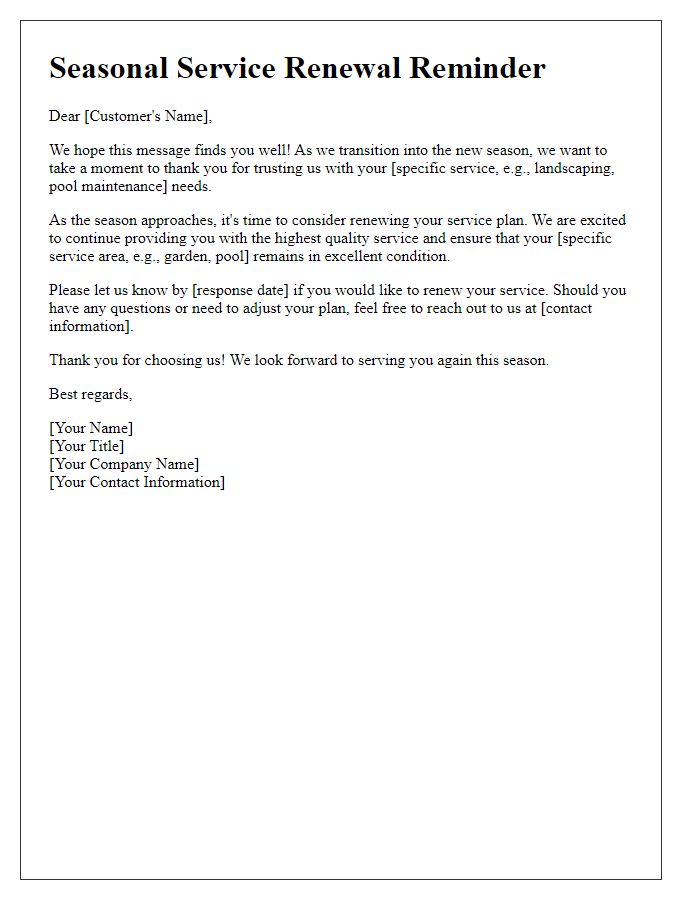 Letter template of seasonal service renewal prompt.